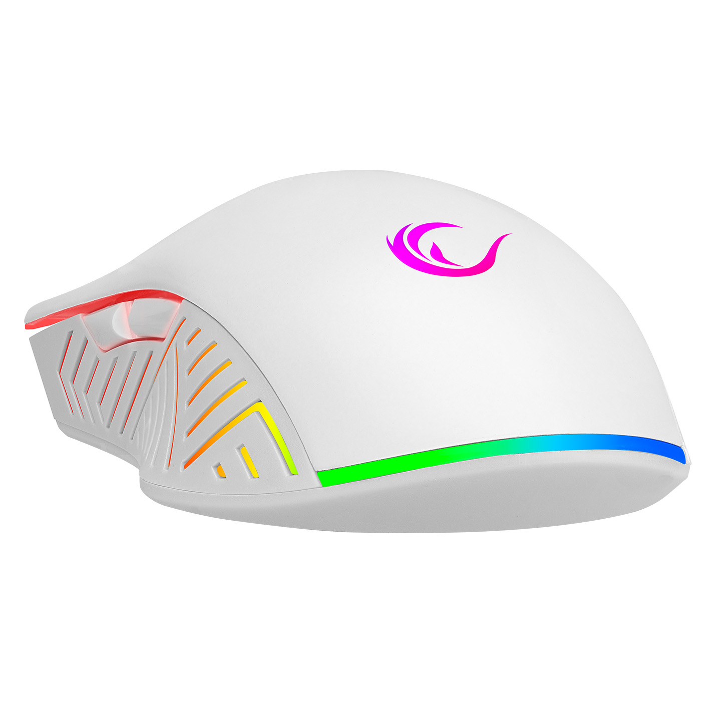 RGB ışıkları ve üstte logosu olan beyaz oyun faresi, beyaz zemin üzerine izole edilmiş.