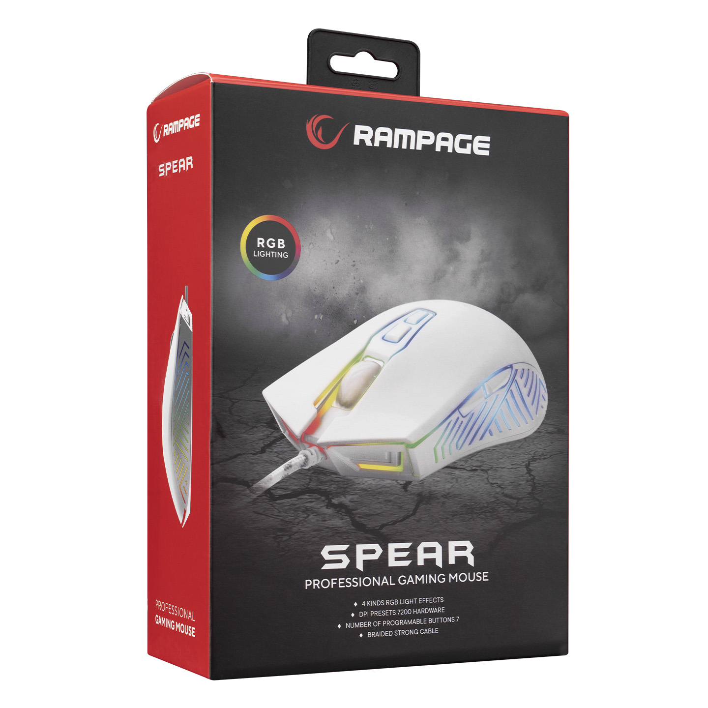RGB aydınlatmalı kutuda beyaz oyun faresi. Metin: Spear Professional Gaming Mouse.