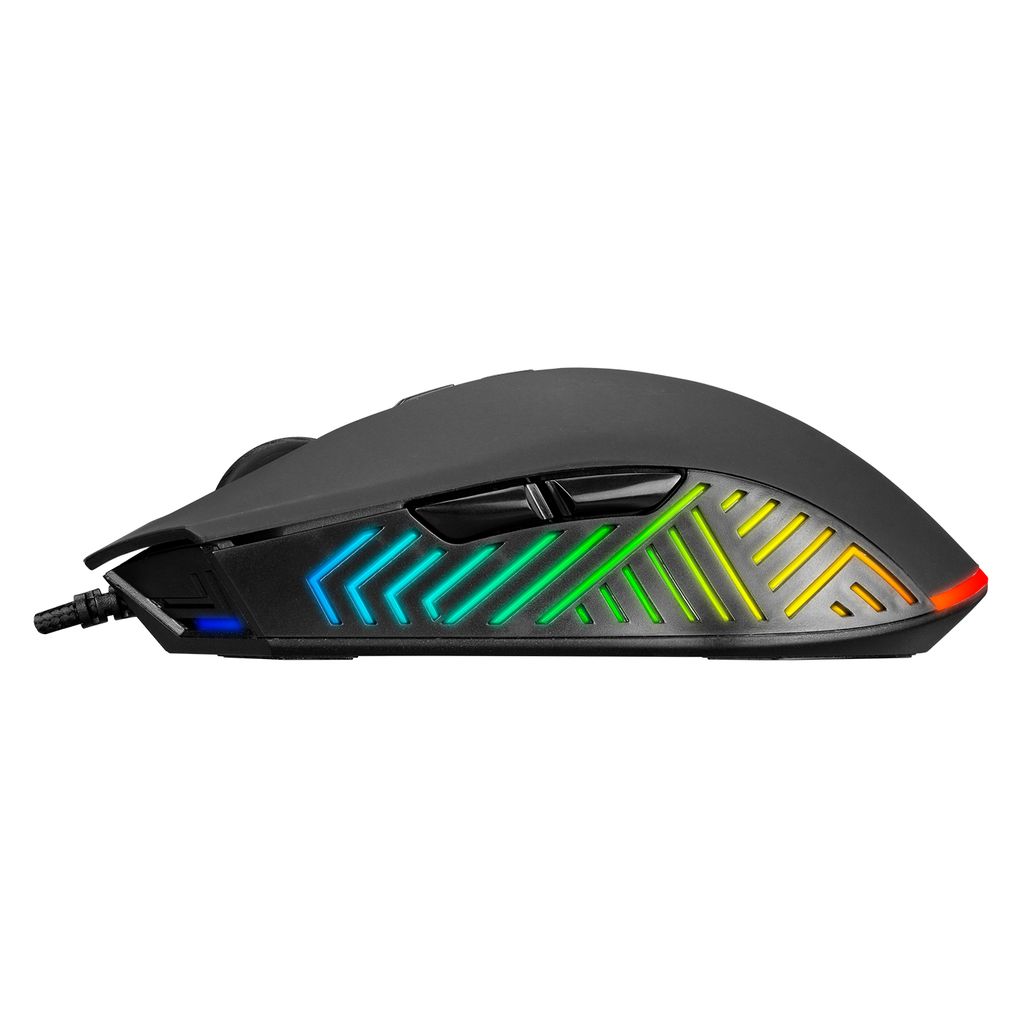 RGB aydınlatmalı siyah oyun faresi. Razer logosu mevcut.