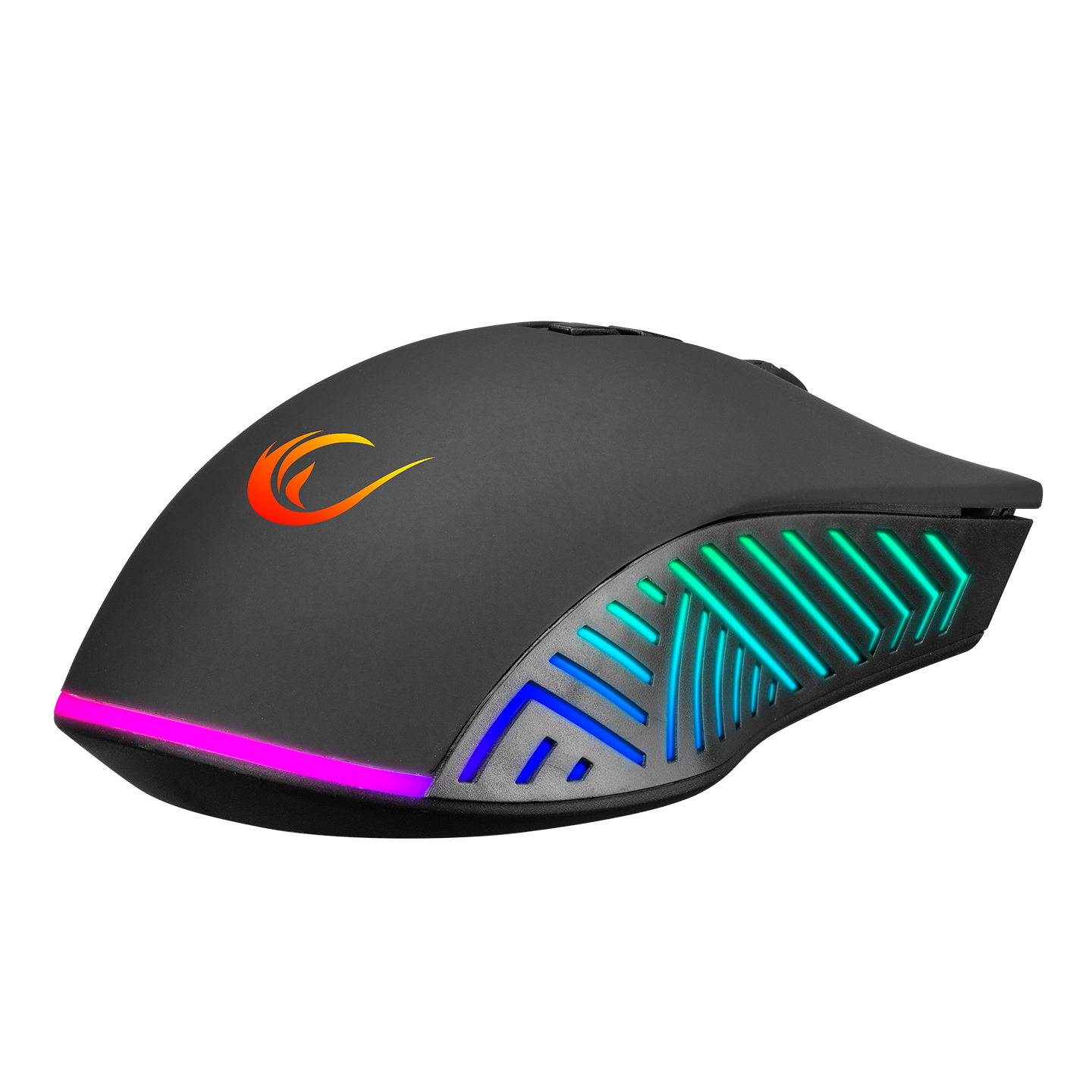 Yan tarafında RGB aydınlatmalı siyah oyun faresi. Turuncu bir logoya ve modern bir tasarıma sahip.