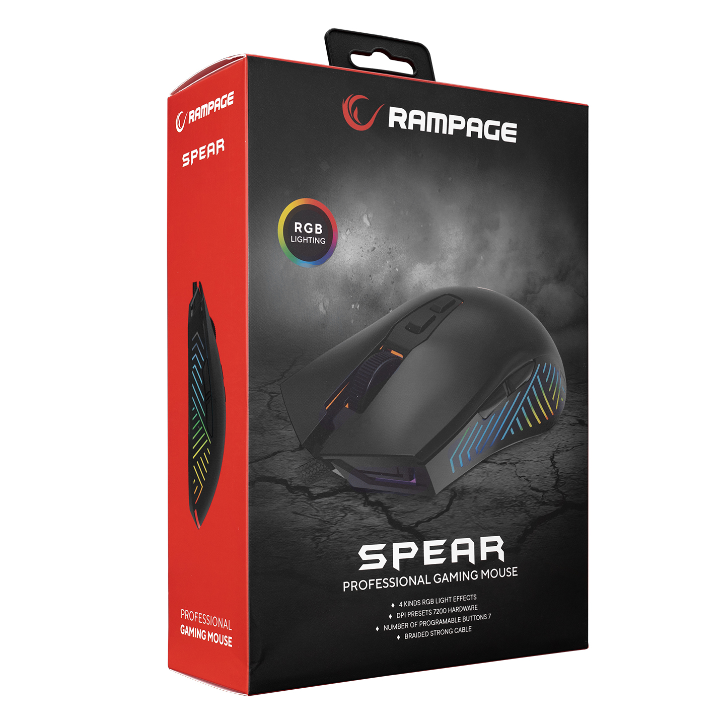 RGB aydınlatmalı oyun faresi kutusu, metin: SPEAR, PROFESSIONAL GAMING MOUSE.