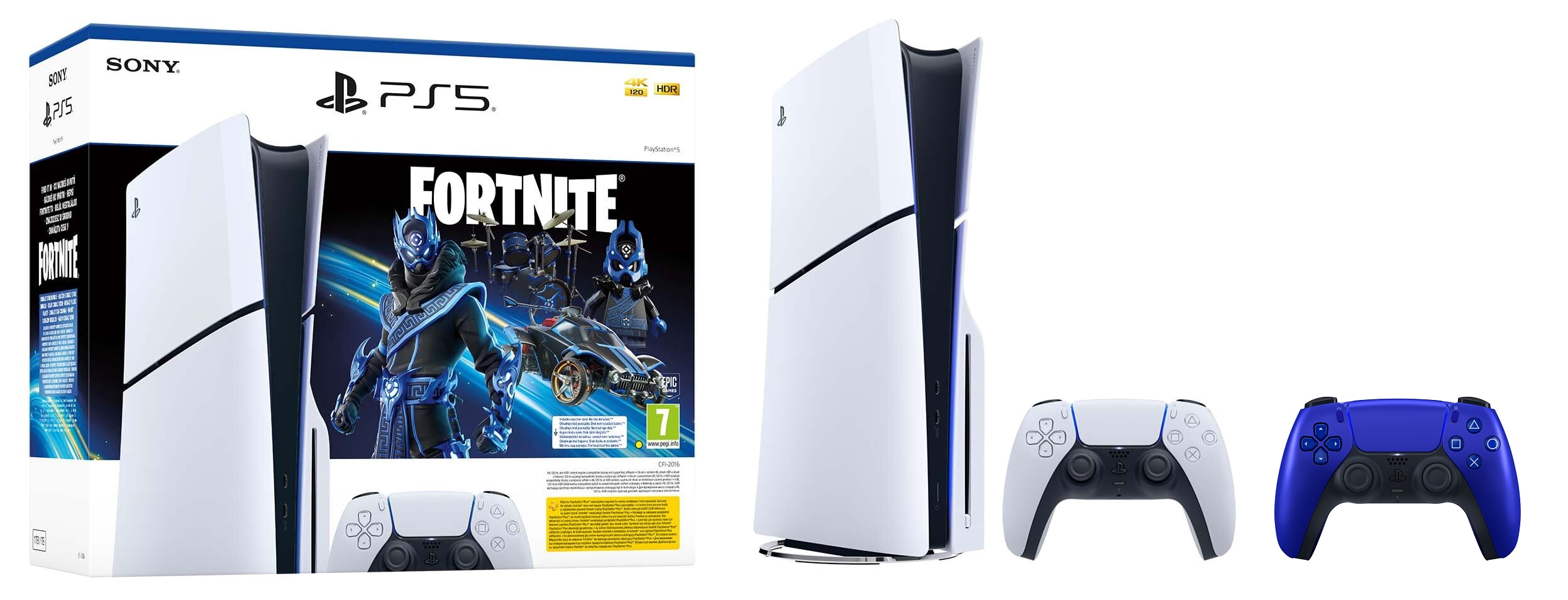 Konsola i pudełko PS5 z kontrolerem i pudełkiem z grą Fortnite.