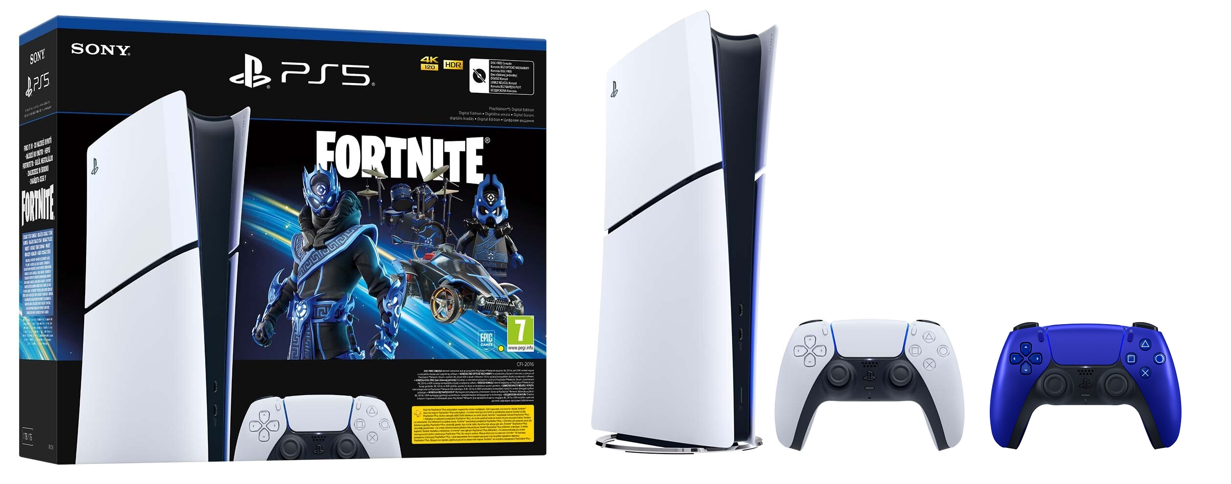 Konsola PS5 z pudełkiem z grą Fortnite, kontrolerem i innym niebieskim kontrolerem.