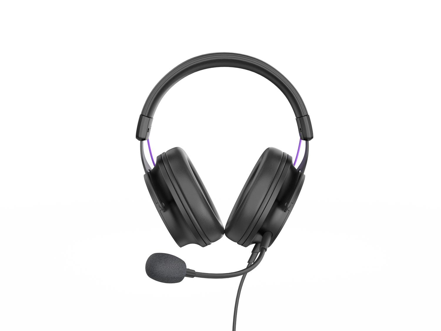 Un auricular para juegos negro con detalles morados, visto desde arriba.