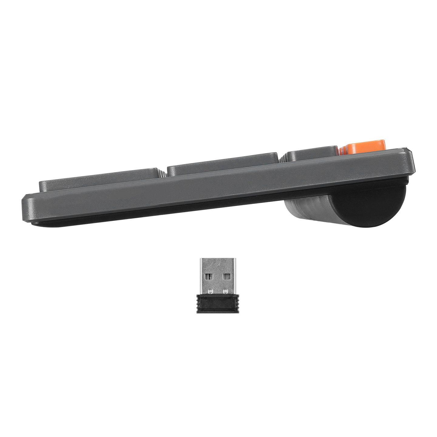 USB alıcısı ve turuncu bir düğme ile gri bir klavye.