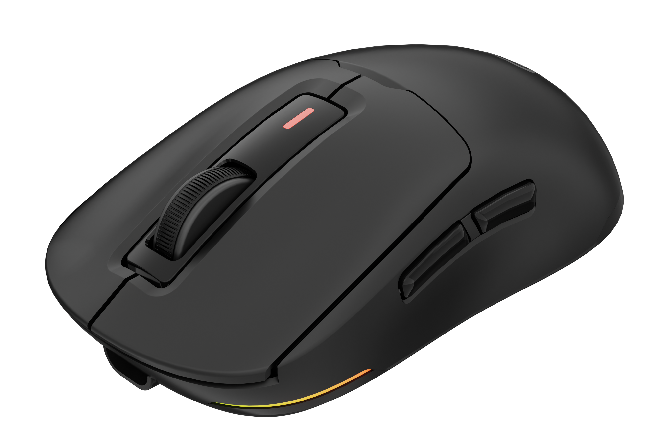 Czarna mysz gamingowa z rolką i przyciskami, z czerwonym światłem na górze.