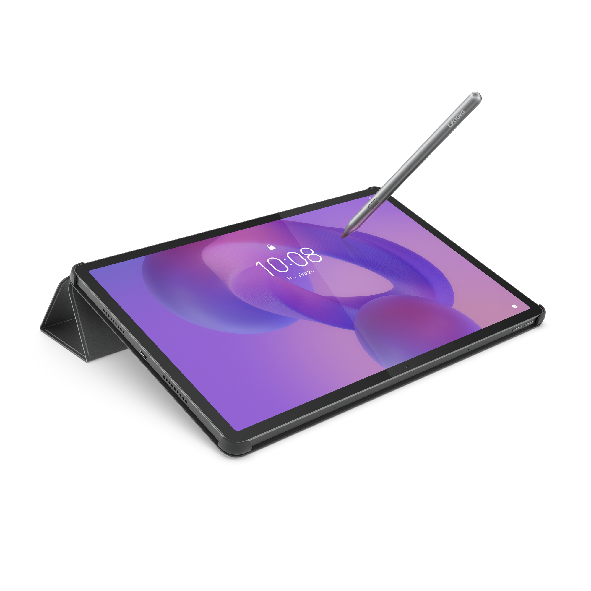 Ein Tablet mit Stift. Der Bildschirm zeigt ein lila-weißes Design.