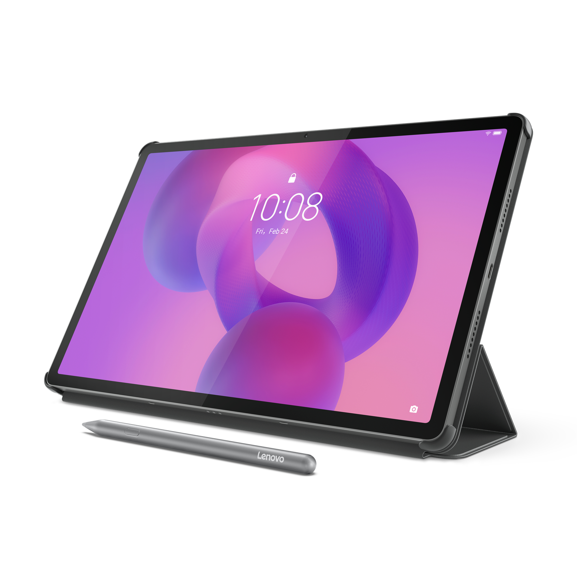 Ein Tablet mit Stift daneben, schräg auf weißem Untergrund.