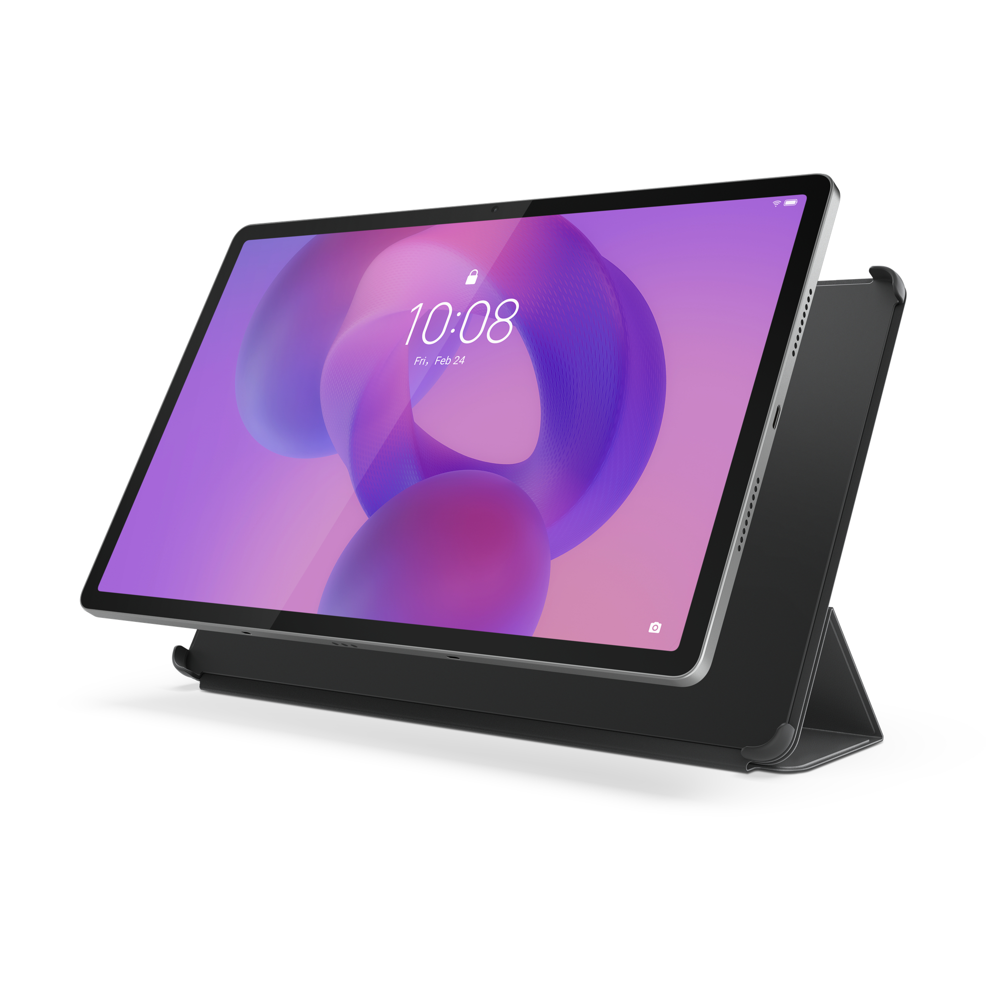Ein Tablet wird auf seinem Ständer angezeigt. Der Bildschirm zeigt die Uhrzeit und das Datum an. Das Tablet ist schwarz und silber.