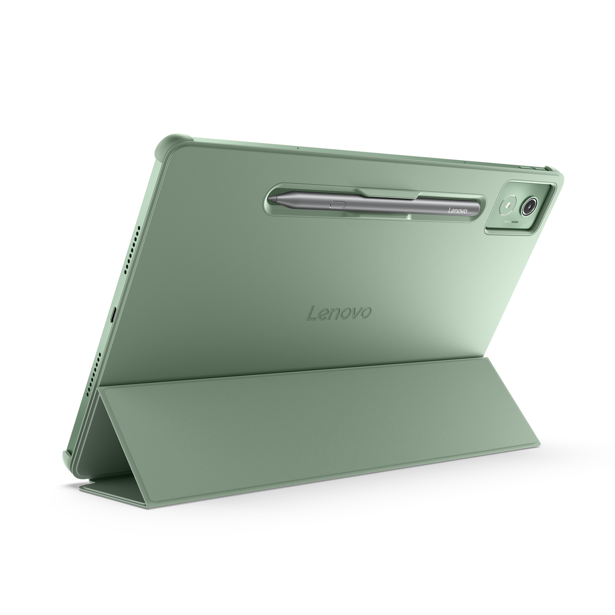 Grünes Lenovo-Tablet mit Stift. Das Tablet befindet sich in einem Gehäuse, der Stift ist befestigt.