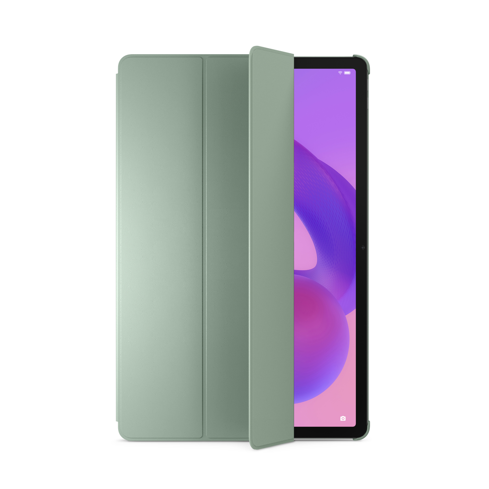 Tablet in einer grünen Hülle. Der Bildschirm ist eingeschaltet und zeigt eine Benutzeroberfläche.
