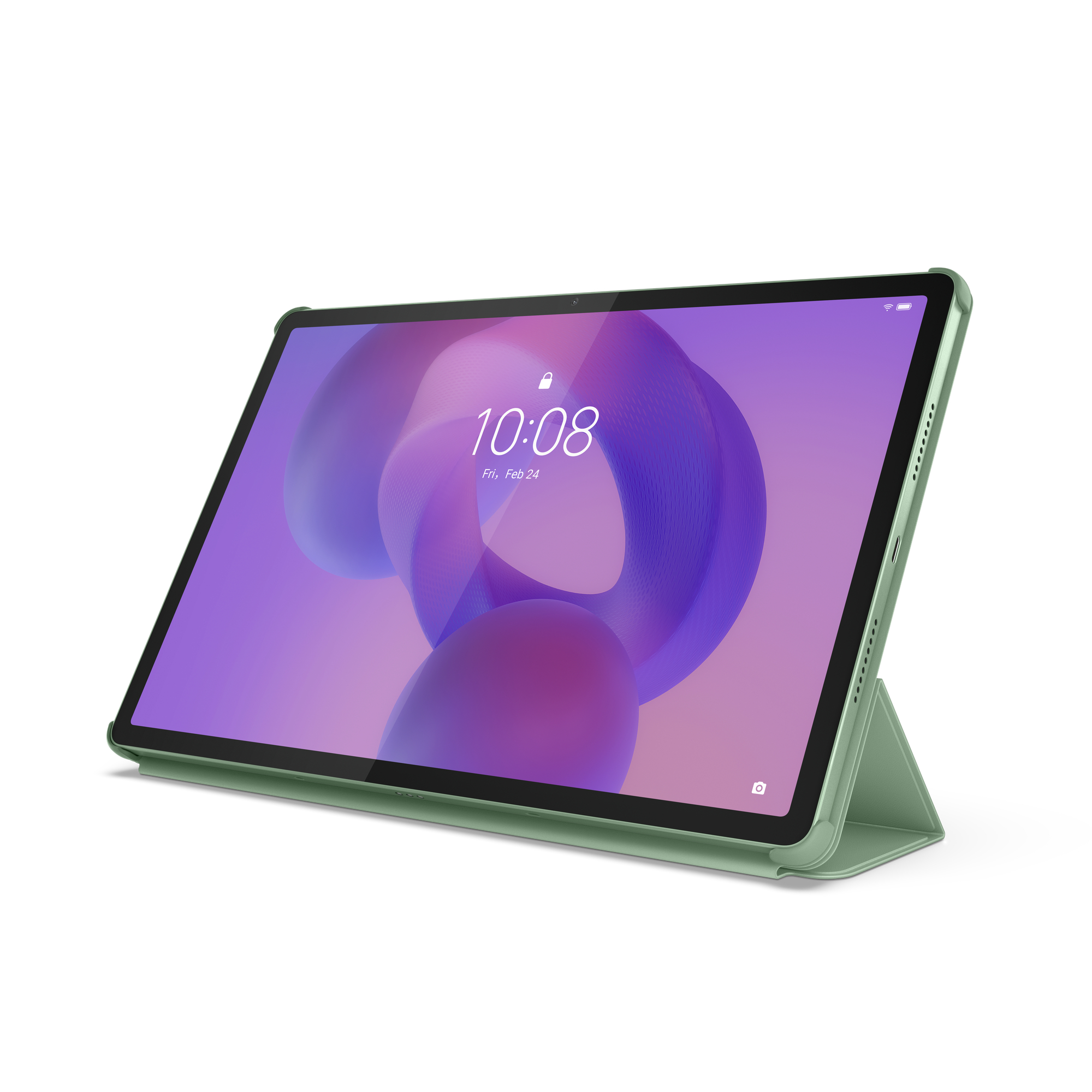 Ein grünes Tablet mit Stift und angezeigter Uhrzeit.