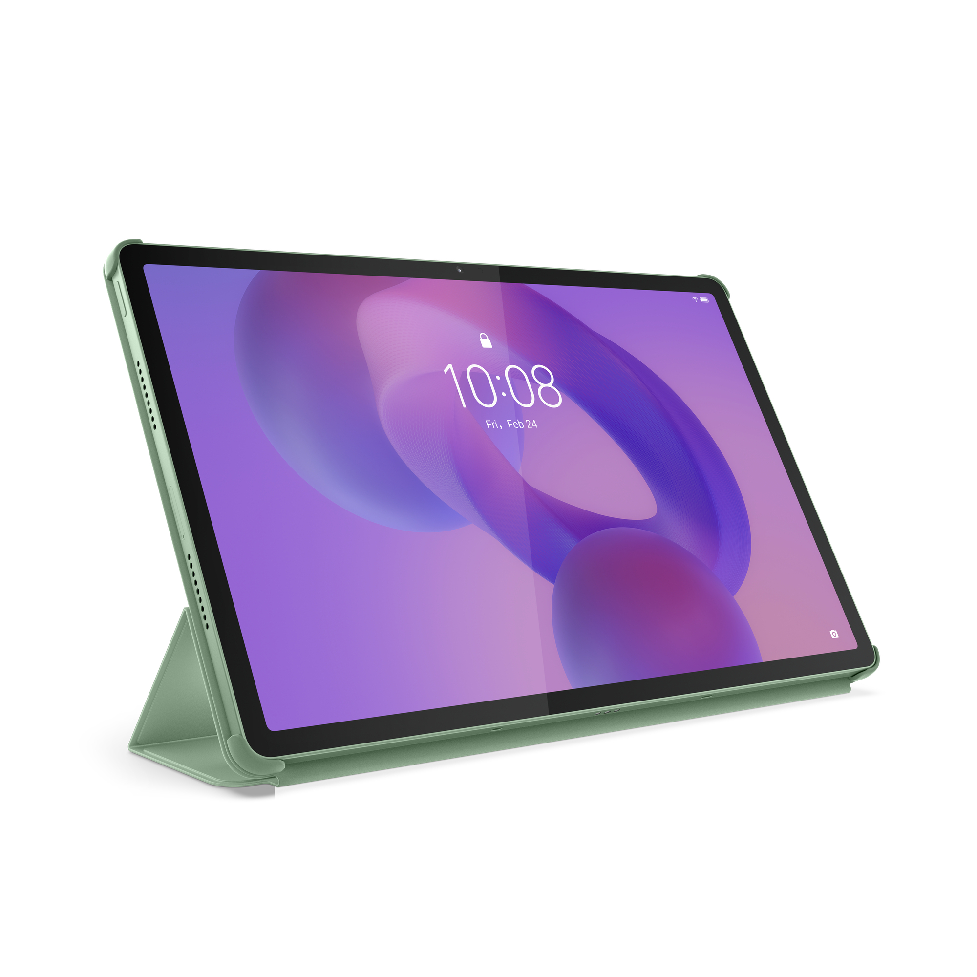 Ein Tablet mit grünem Gehäuse, das einen lila Bildschirm mit der Uhrzeit anzeigt.