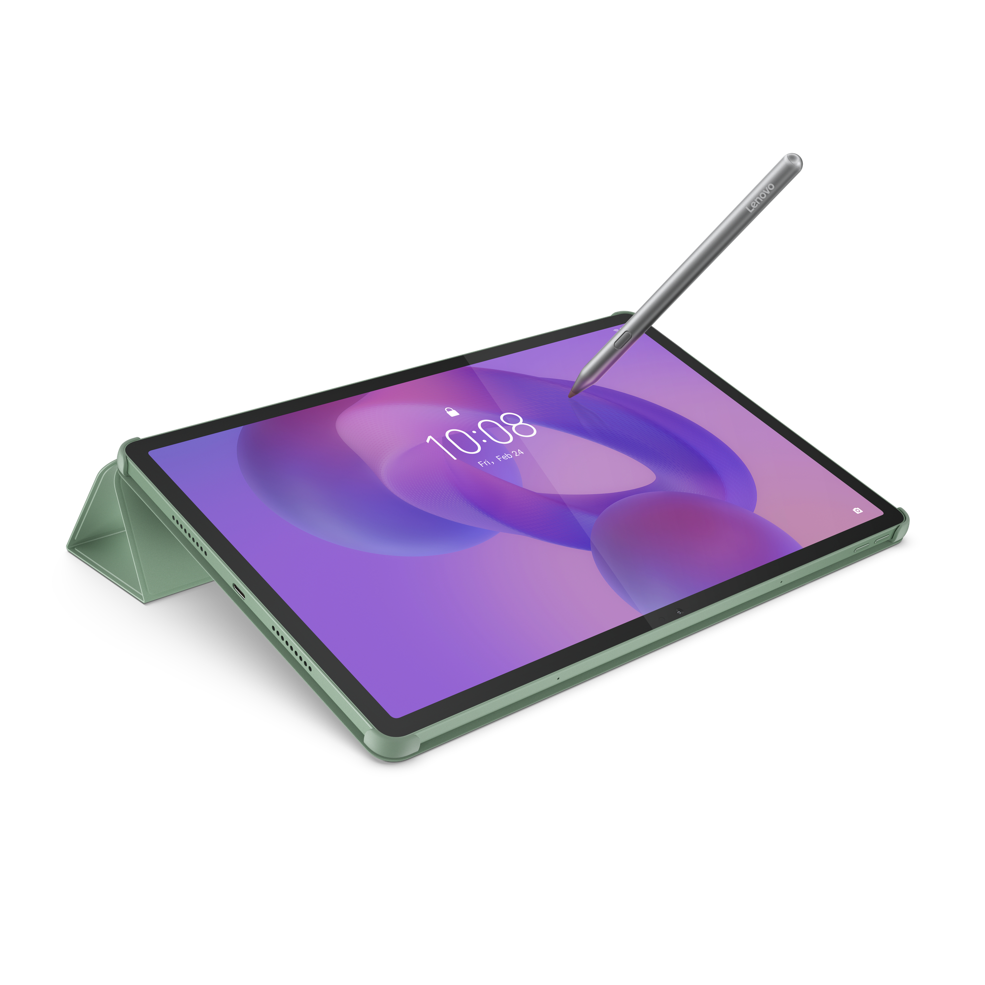Tablet mit Stift und grüner Hülle. Der Bildschirm zeigt die Uhrzeit und ein lila Design.