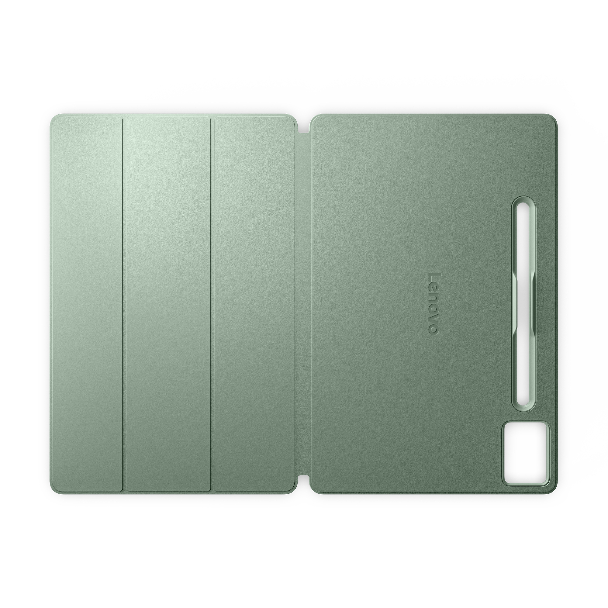 Offene grüne Tablet-Hülle mit Stift, Marke Lenovo sichtbar.