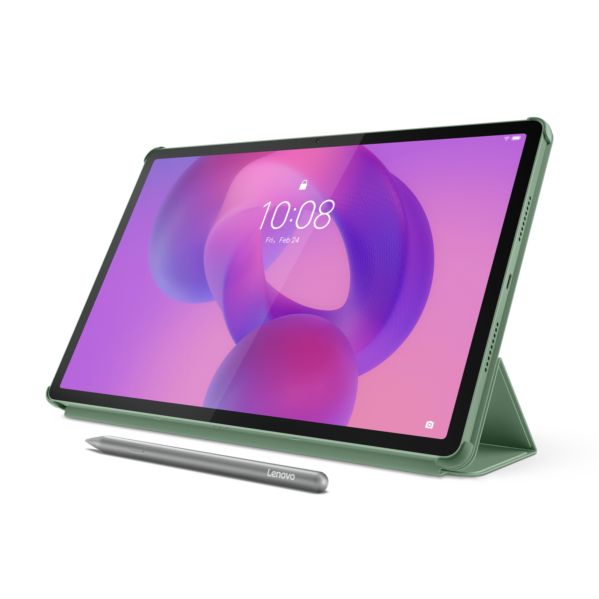 Ein grünes Tablet mit einem Stift auf weißem Hintergrund. Der Bildschirm zeigt einen lila Hintergrund.