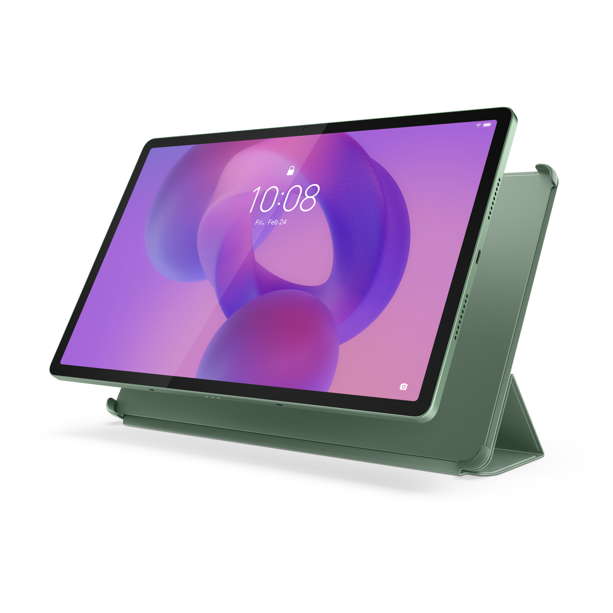 Grünes Tablet mit grüner Hülle, zeigt Uhrzeit und Datum auf dem Bildschirm, angewinkelt geöffnet.