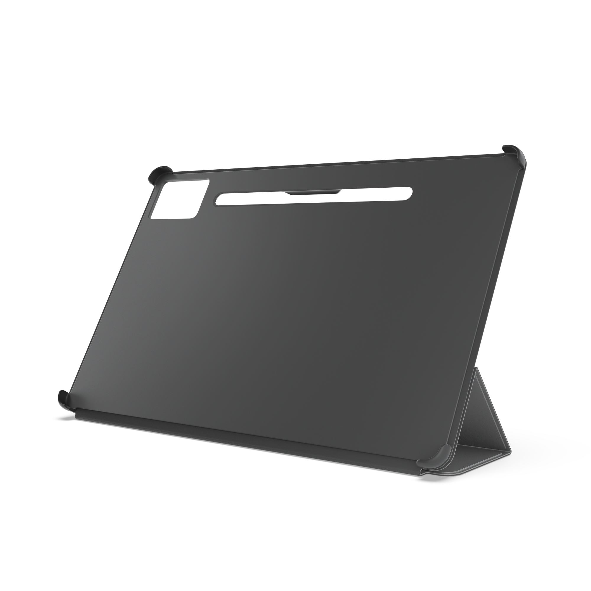 Schwarze Tablethülle mit Ständer, auf weißem Hintergrund, schräge Ansicht.