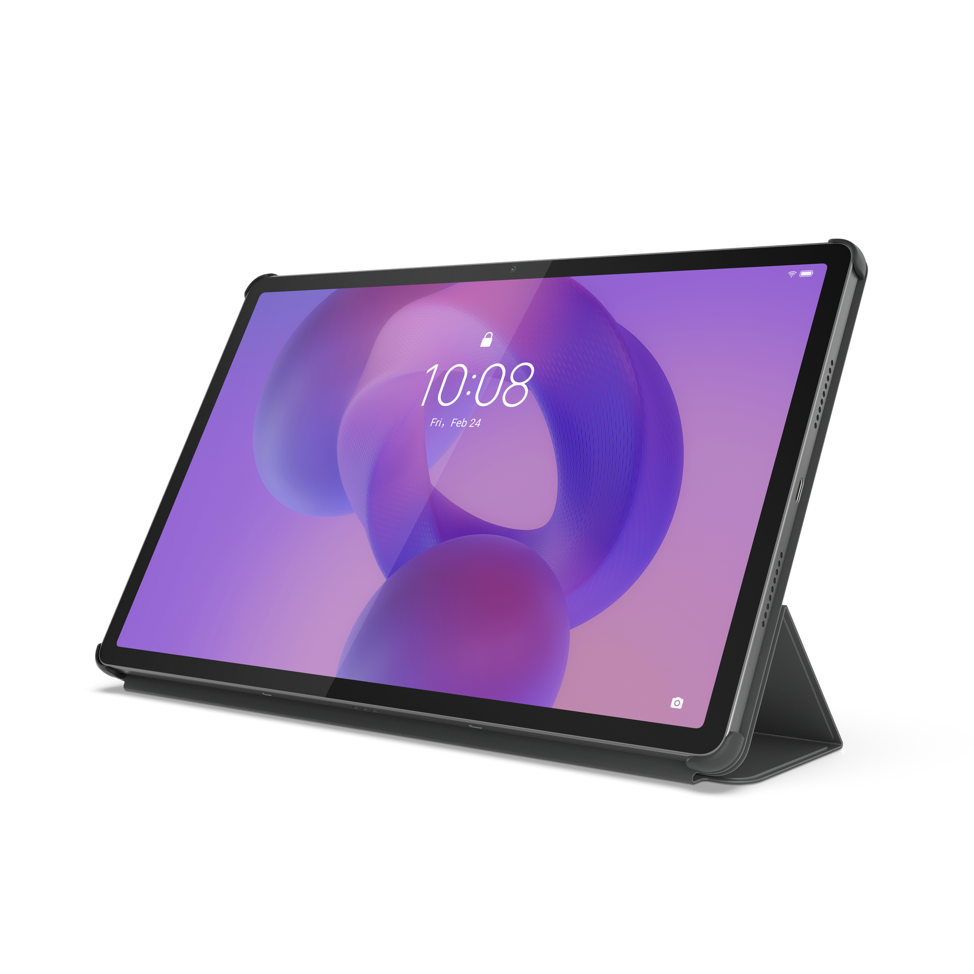 Tablet mit schwarzer Hülle. Der Bildschirm zeigt die Uhrzeit und ein lila abstraktes Design.