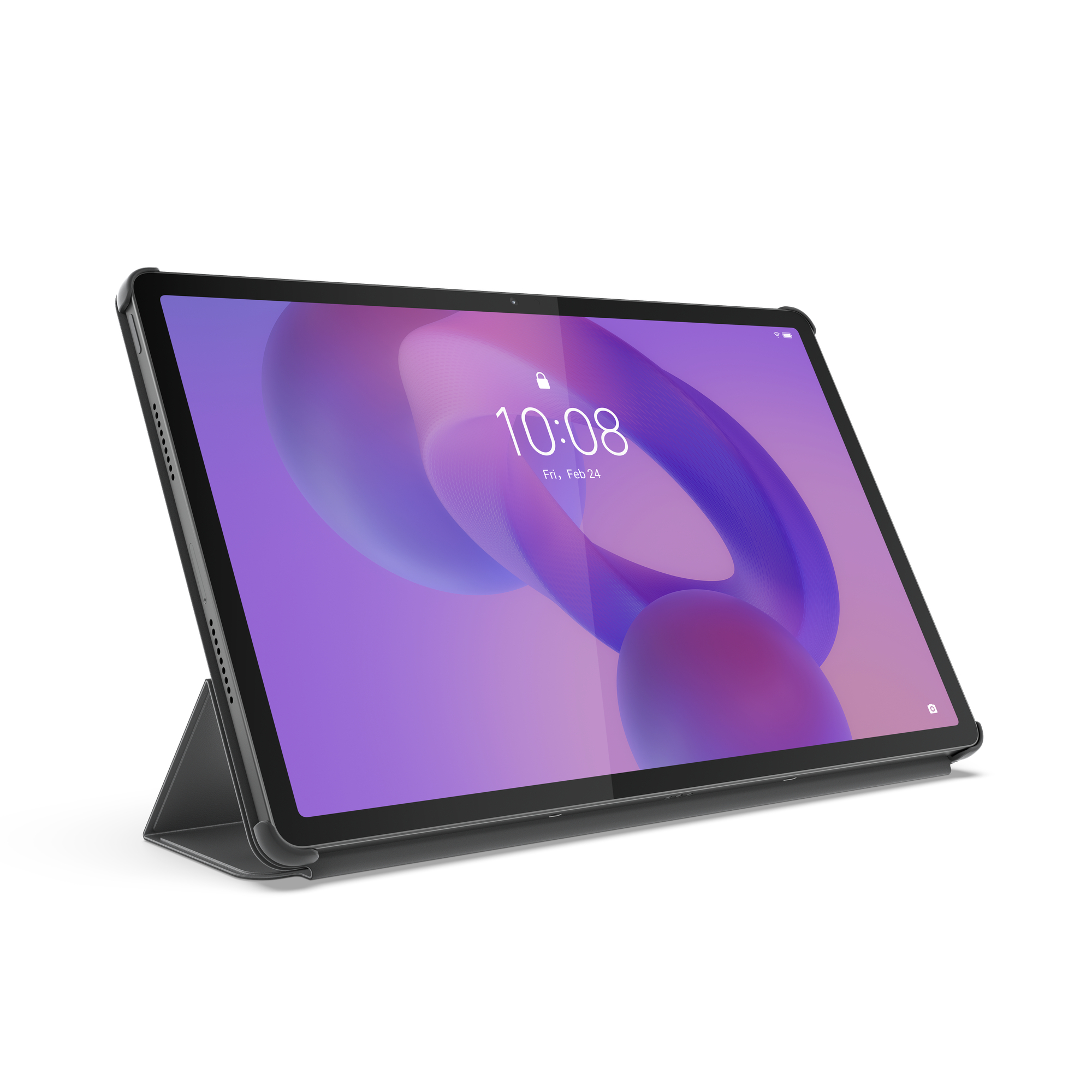 Ein Tablet mit schwarzem Gehäuse und lila Bildschirm.