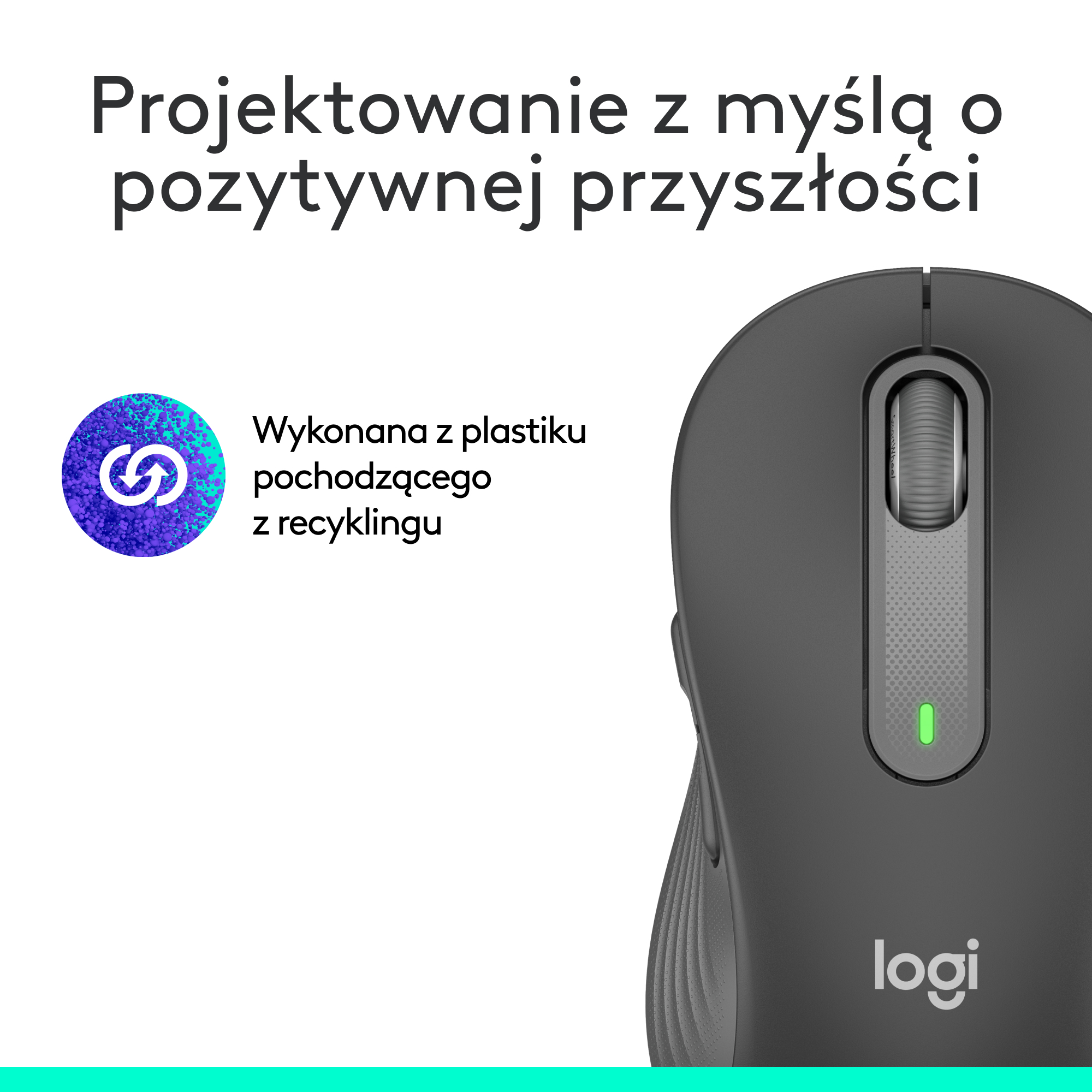 Zbliżenie czarnej myszy Logitech z logo recyklingu i tekstem.