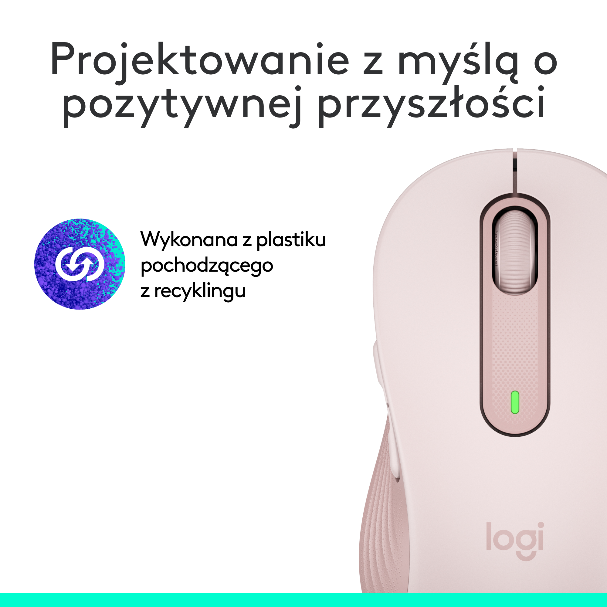 Różowa mysz Logitech z kółkiem przewijania. Tekst o recyklingu.