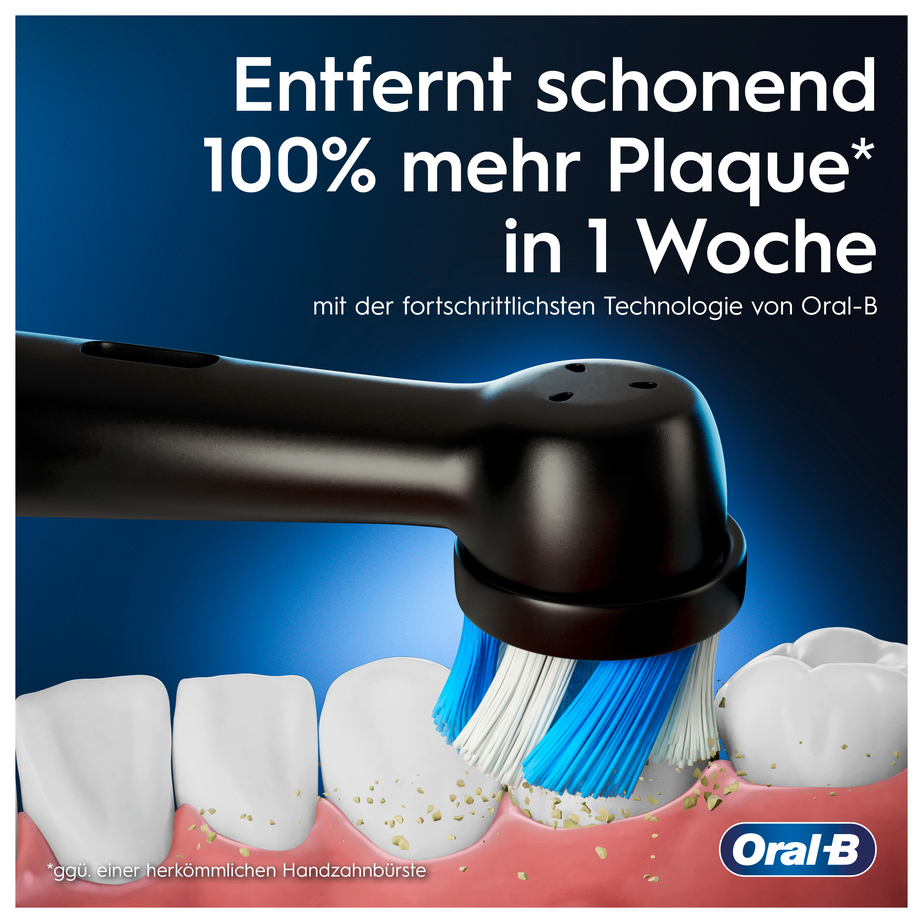 Une brosse à dents électrique qui nettoie les dents. La brosse a des poils bleus et blancs.