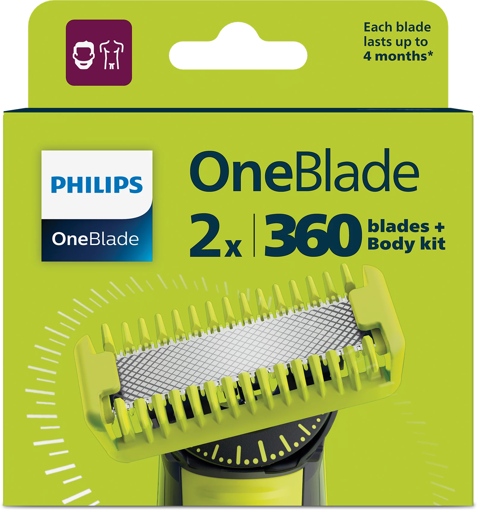 Confezione di lame per rasoio Philips OneBlade verde e nero.