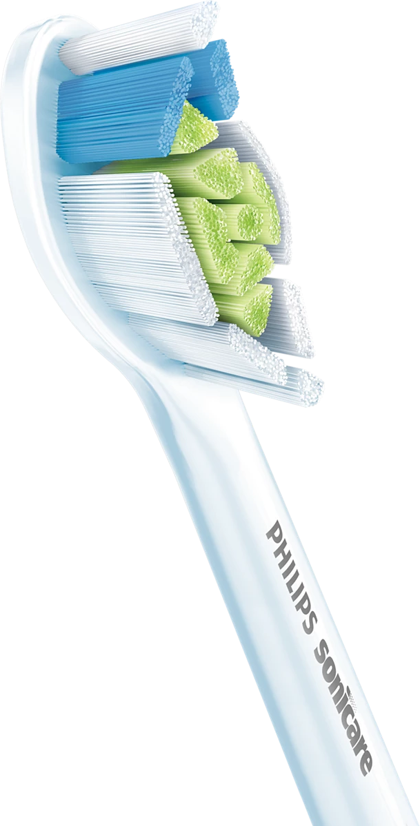 Nahaufnahme eines Philips Sonicare-Zahnbürstenkopfes, Winkelansicht, Borsten werden gezeigt. Schwarzer Hintergrund.