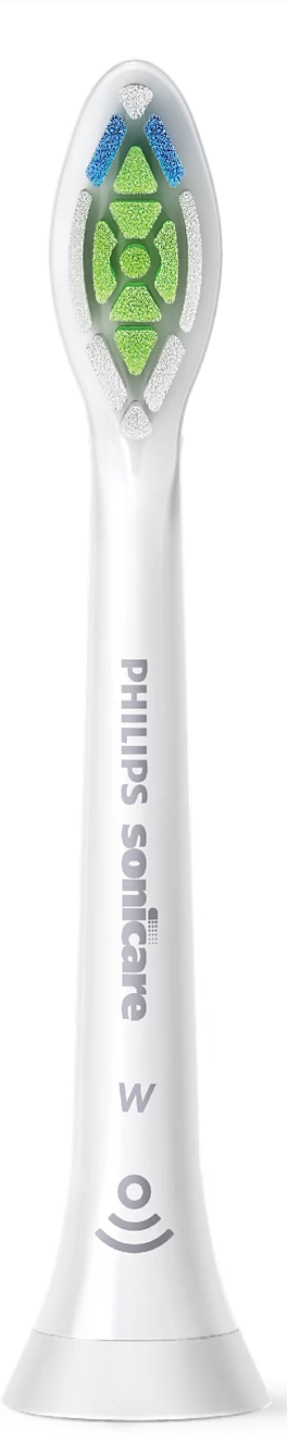 Nahaufnahme eines weißen Philips Sonicare Zahnbürstenkopfes. Es hat grüne und blaue Borsten.
