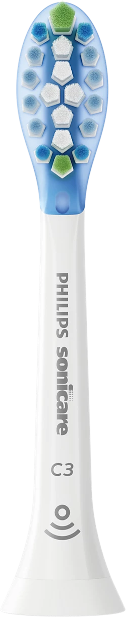 Tête de brosse à dents Philips Sonicare blanche, avec des poils bleus, blancs et verts.