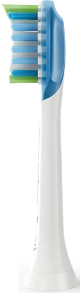 Tête de brosse à dents avec poils bleus et verts, corps blanc et dessus bleu.