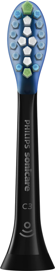 Schwarzer Zahnbürstenkopf mit blauen und grünen Borsten, mit 'Philips Sonicare'.