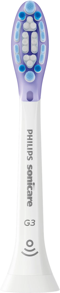 Ein weißer und lila Zahnbürstenkopf mit Text: PHILIPS sonicare G3.