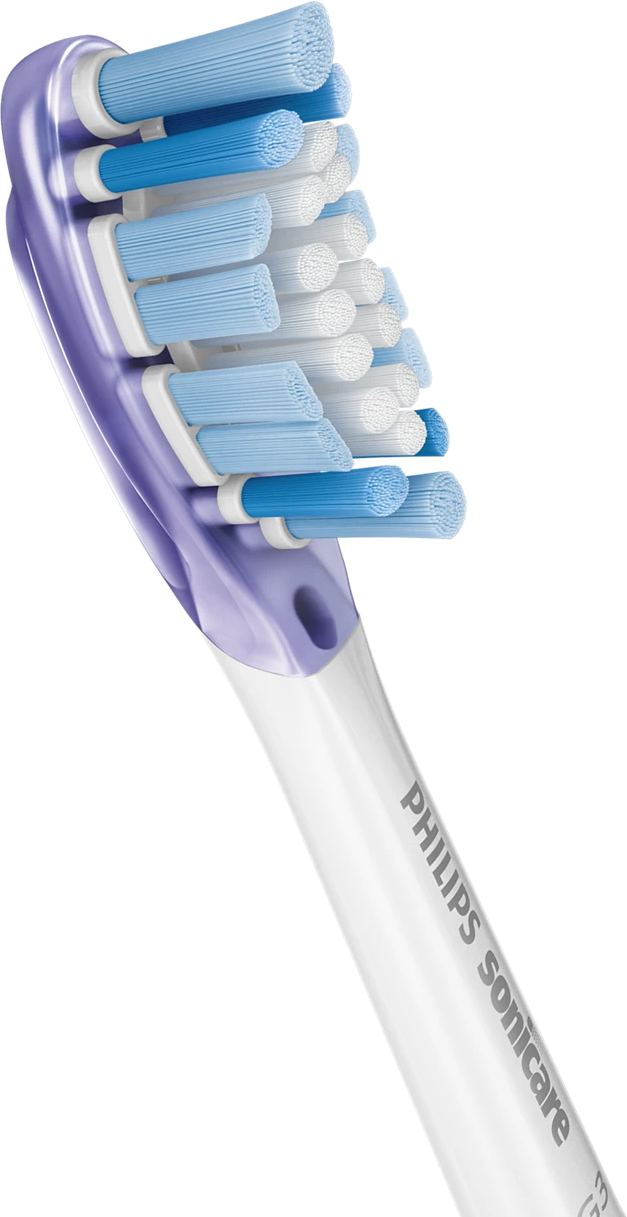 Zahnbürstenkopf mit blauen und weißen Borsten, lila Rückseite mit 'Philips Sonicare'.