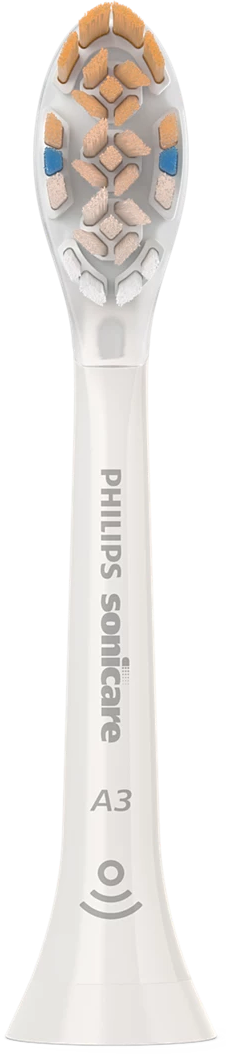 Weißer Zahnbürstenkopf mit bunten Borsten, Philips Sonicare.