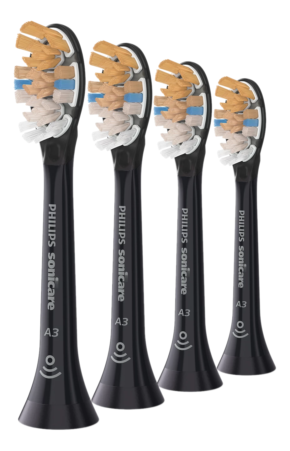 Vier schwarze Philips Sonicare Zahnbürstenköpfe mit braunen und blauen Borsten.