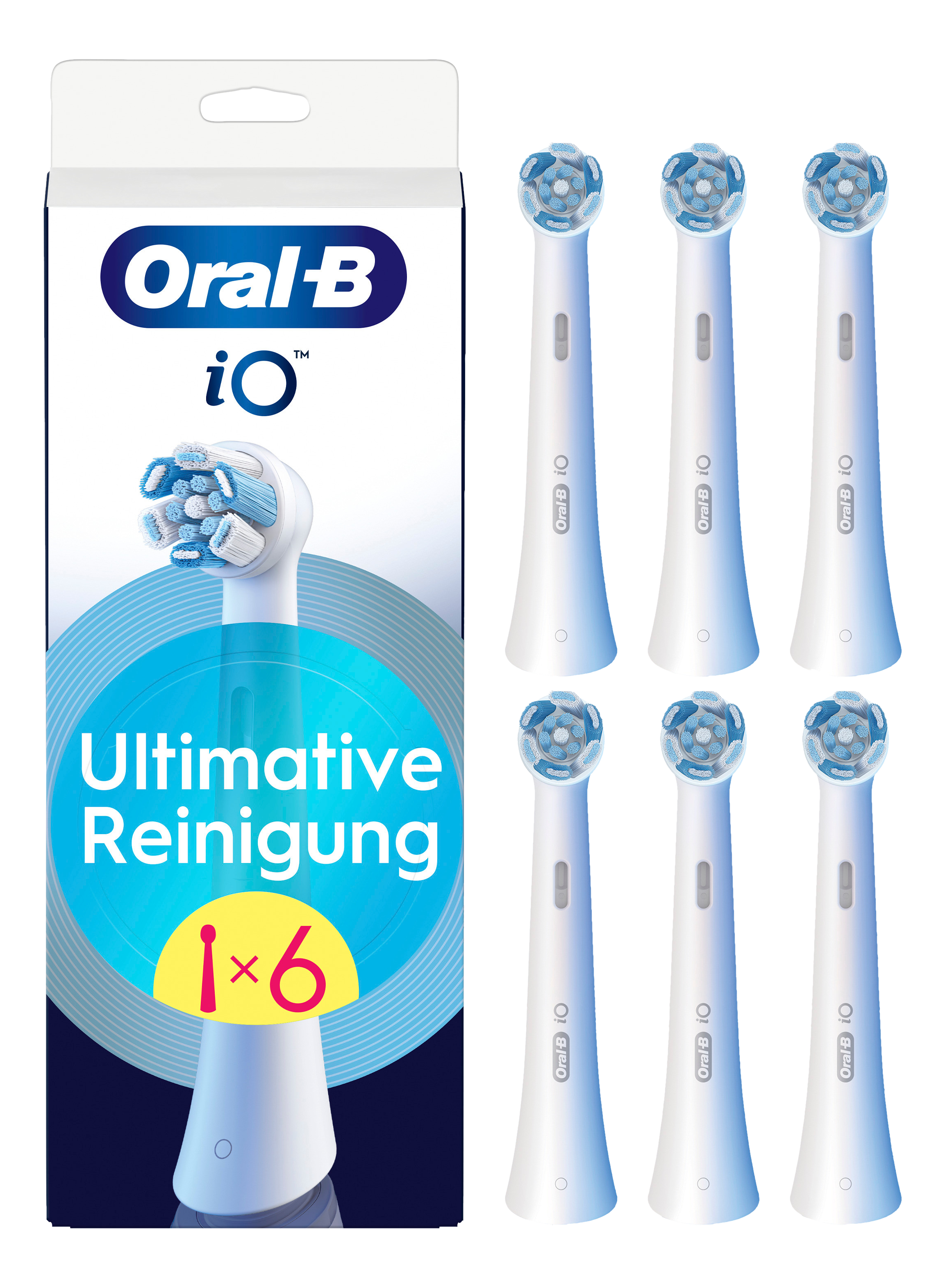 Schachtel mit Oral-B iO-Zahnbürstenköpfen. Sechs Ersatzköpfe, mit einem Bild des Kopfes.