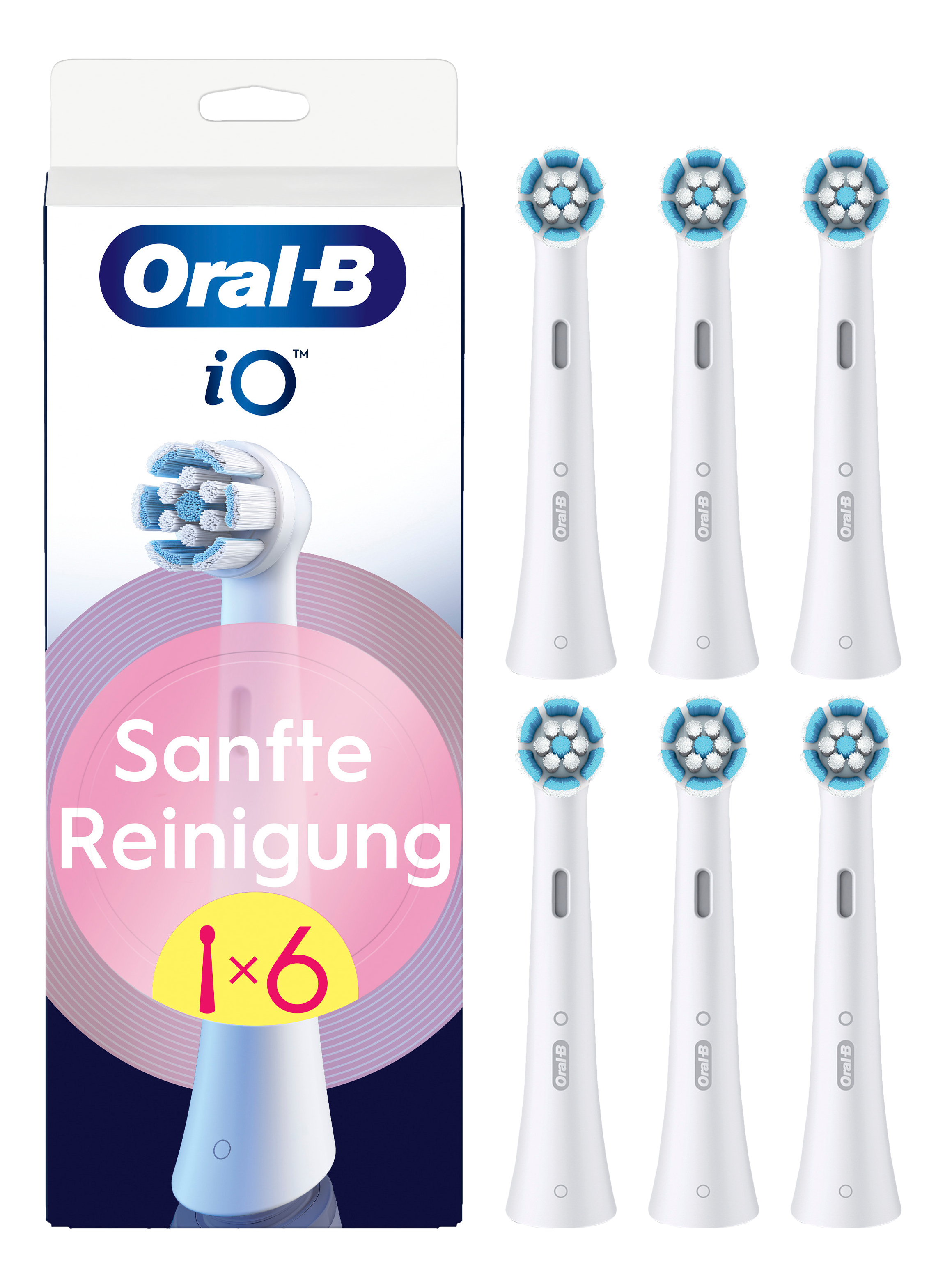 Una confezione di testine per spazzolino Oral-B iO. La confezione mostra le testine di ricambio.