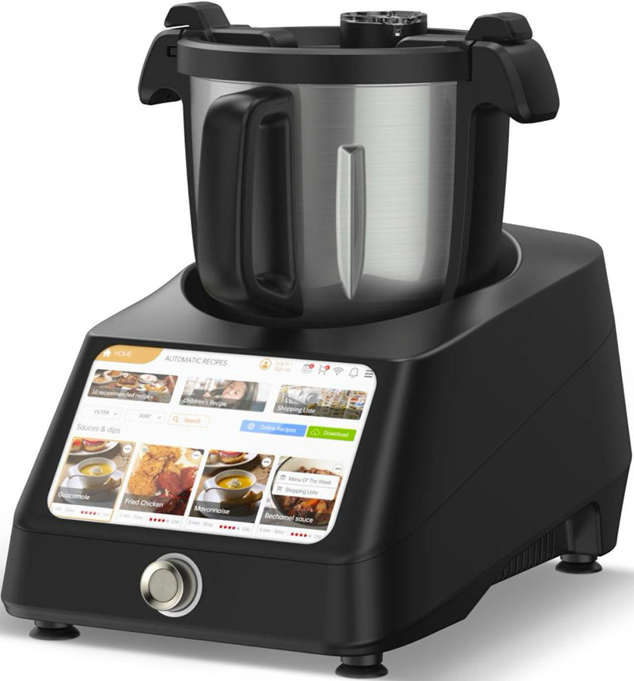 Robot da cucina nero con display digitale. Ciotola in acciaio inox visibile. Touchscreen mostra ricette.