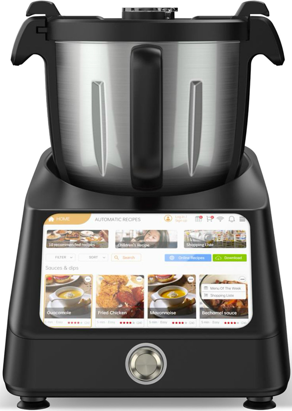 Un robot da cucina nero con touchscreen, con varie ricette sullo schermo.