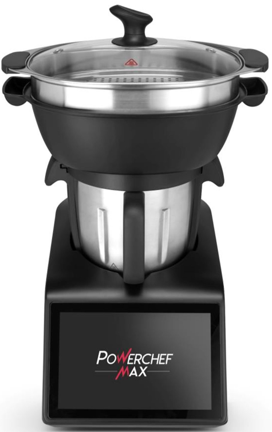 Robot da cucina nero Powerchef Max con pentola, vaporiera e touchscreen.