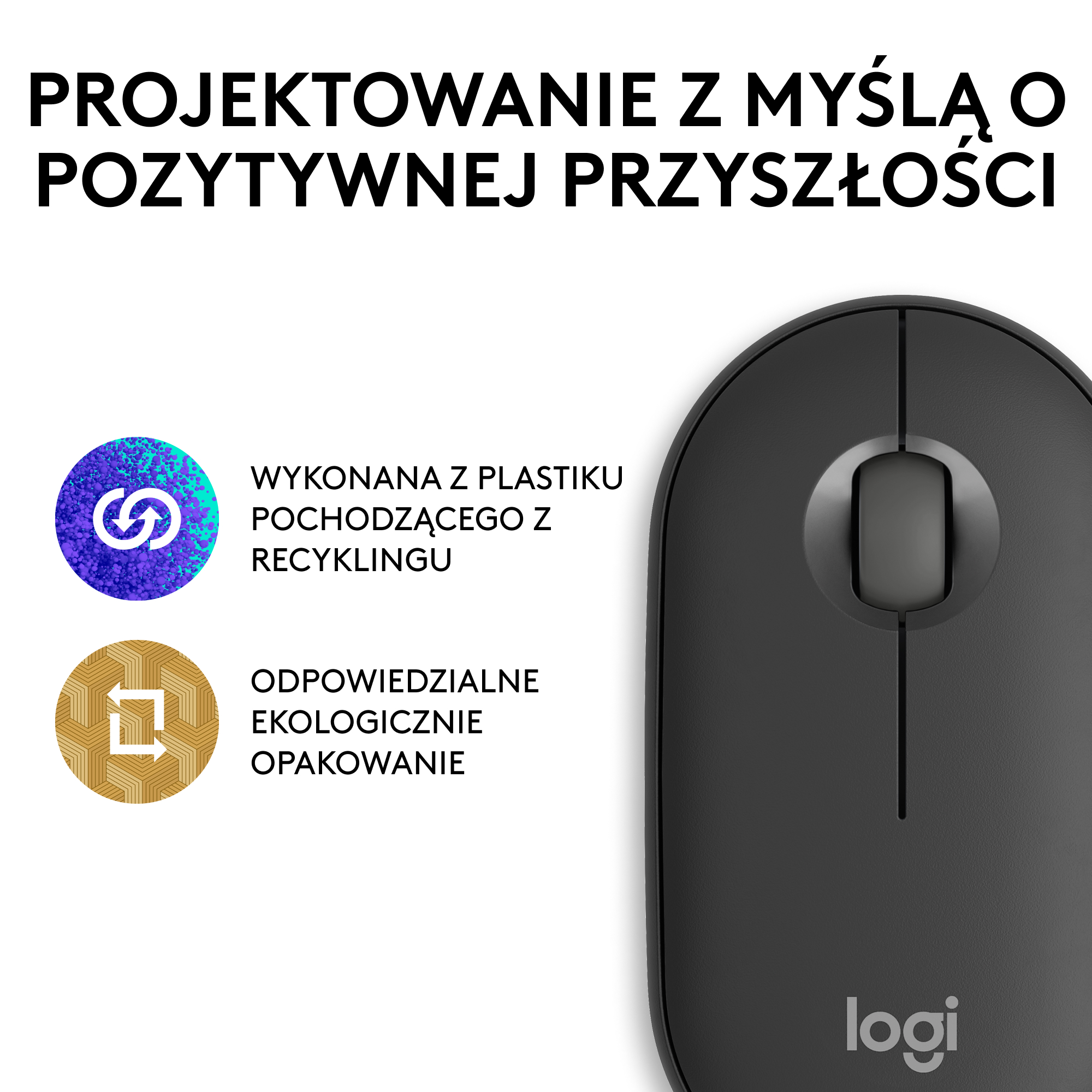 Czarna mysz Logitech z ikonami recyklingu i ekologicznego opakowania. Logo 'logi' na dole.