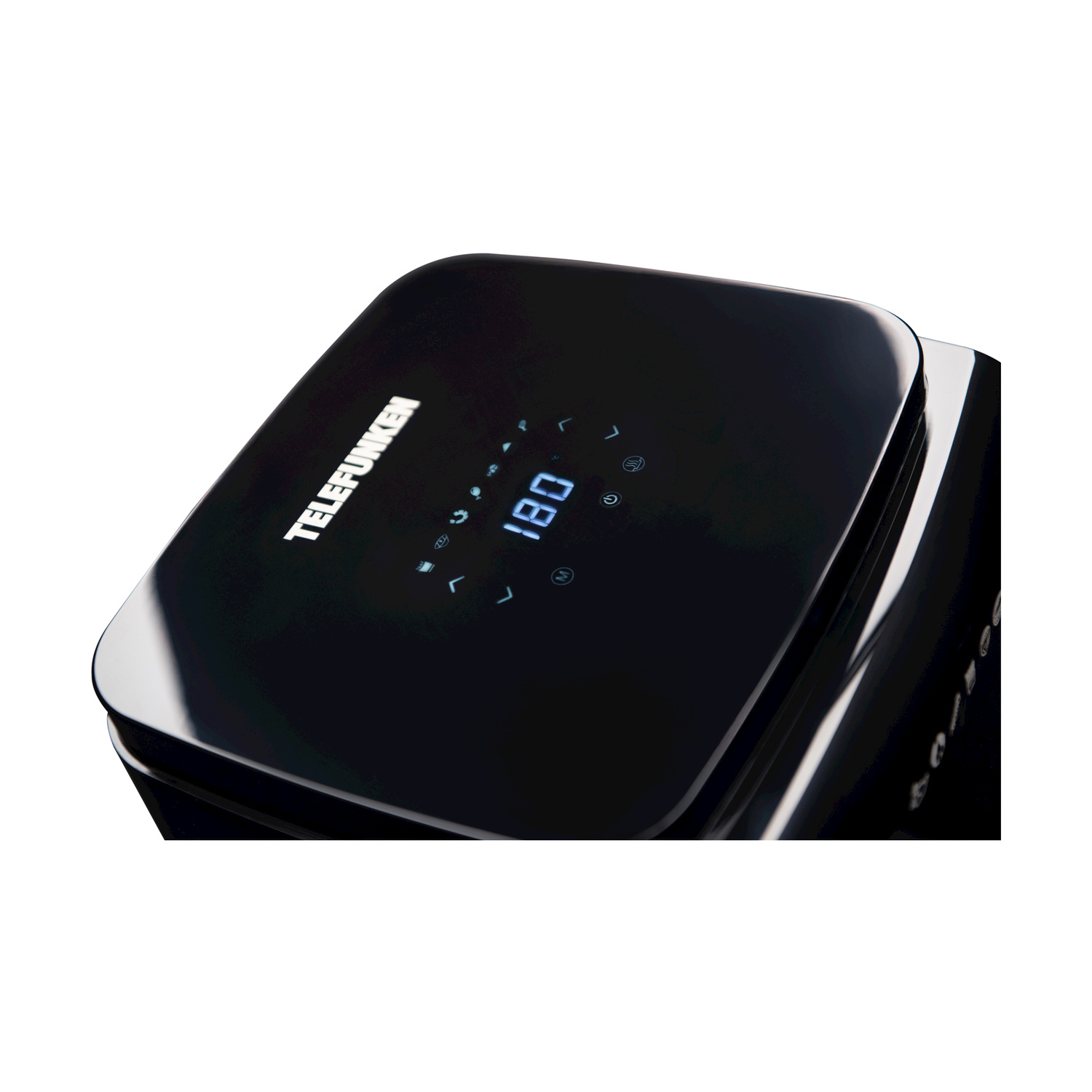 Un purificatore d'aria nero con display digitale che mostra '180'. Design elegante e moderno.