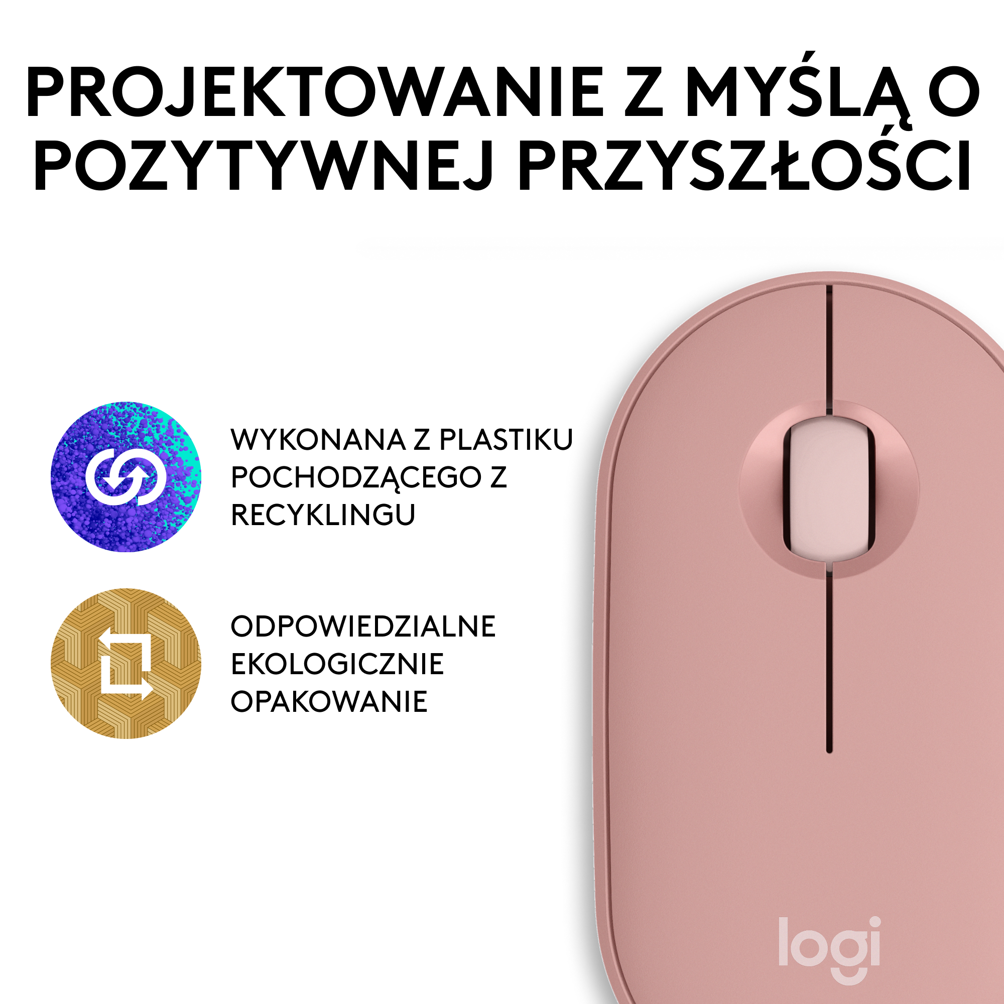 Różowa mysz komputerowa z logo i tekstem o plastiku z recyklingu i ekologicznym opakowaniu.