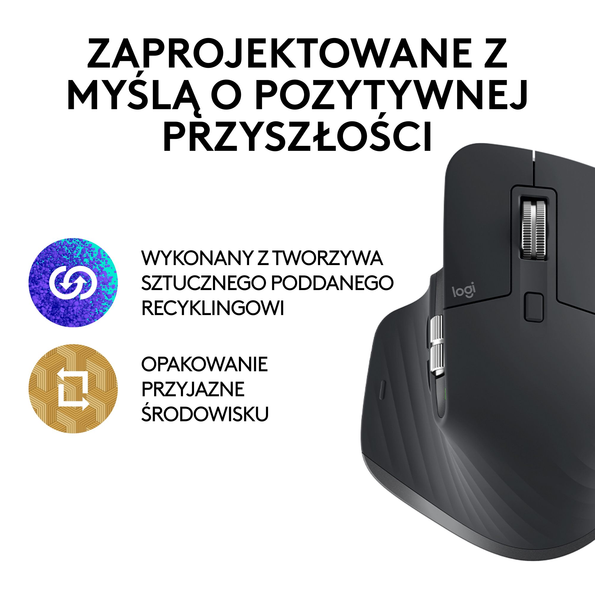 Czarna mysz z tekstem o plastiku z recyklingu i ekologicznym opakowaniu.