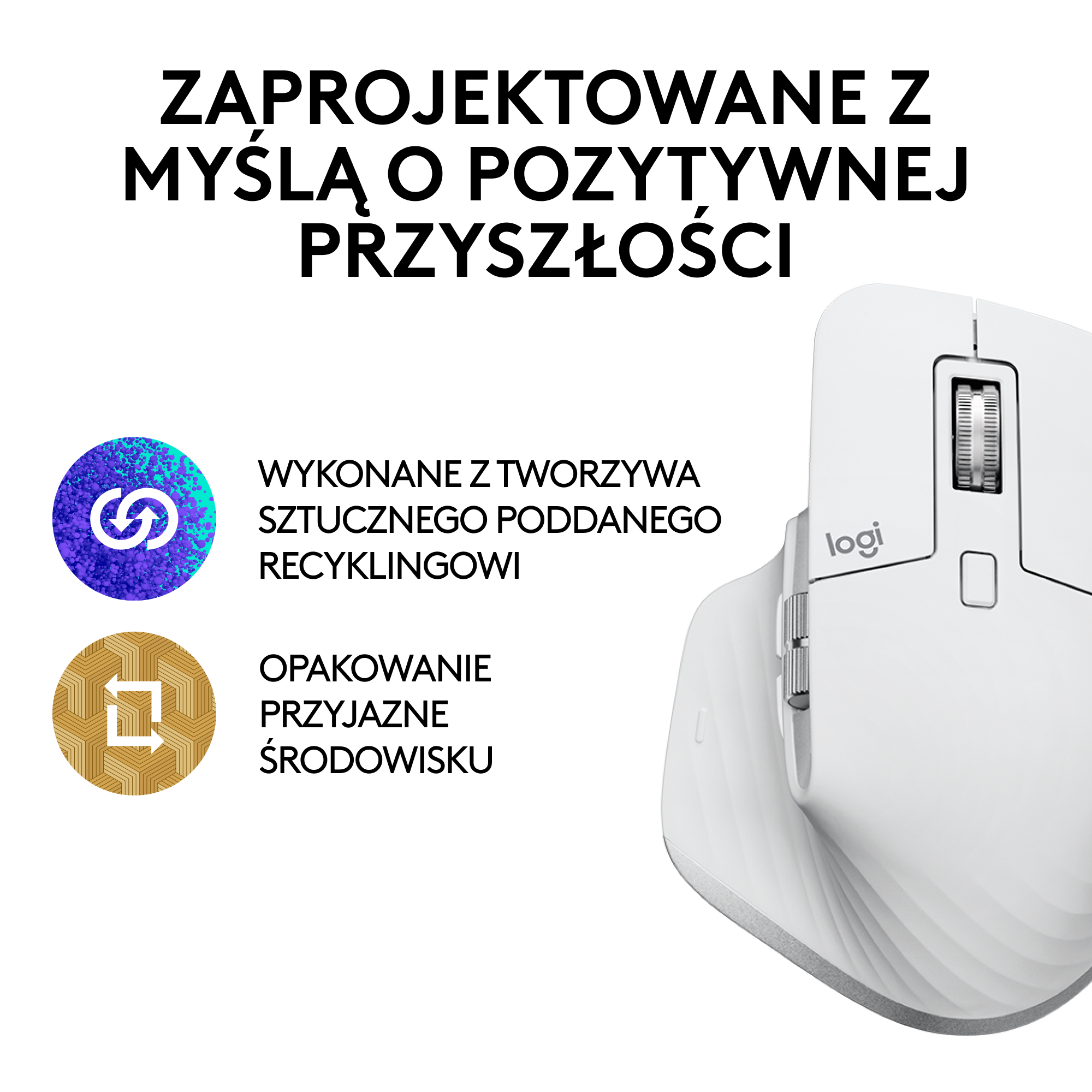 Biała mysz z logo Logitech. Tekst po polsku. Dwie okrągłe ikony. Białe tło.
