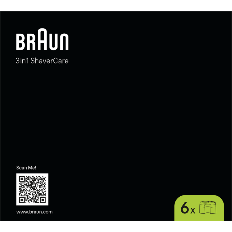 Fondo negro con logo Braun y texto, un código QR y un gráfico de cajas '6x'.