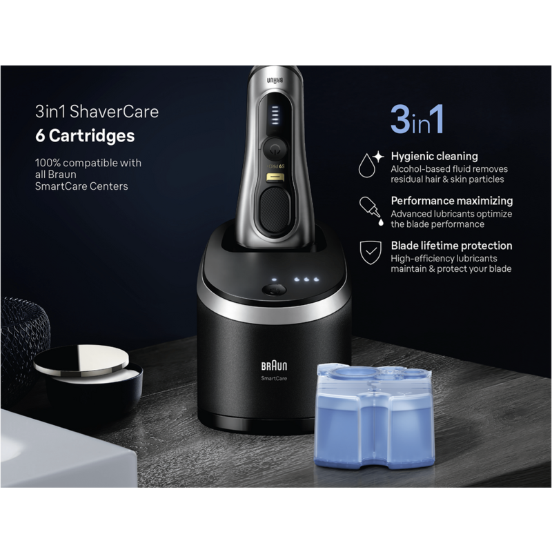 Sistema Braun 3 en 1 ShaverCare. Afeitadora en base de carga, líquido de limpieza y cartucho visibles.