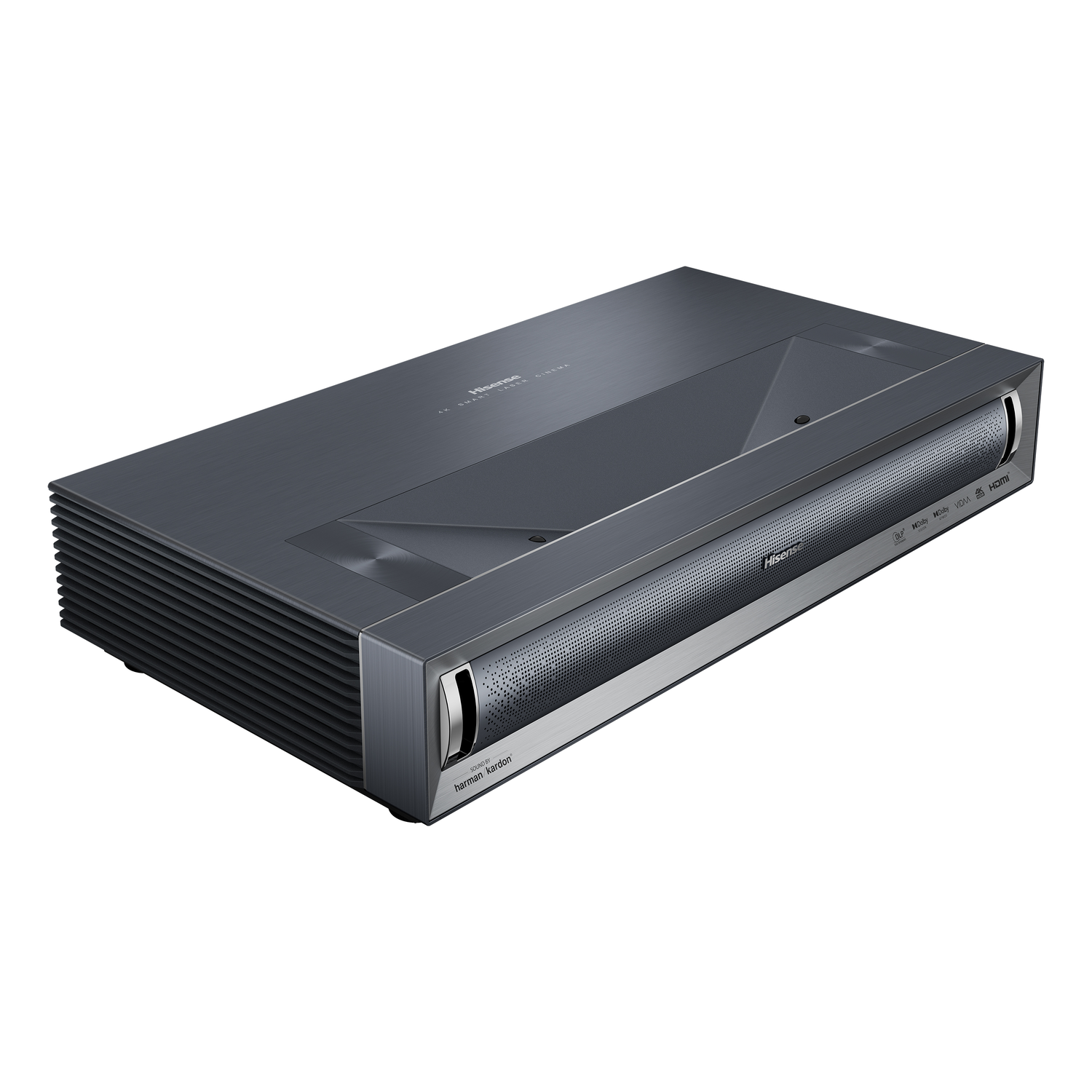 Dark gray projector with a silver accent and a black air vent.